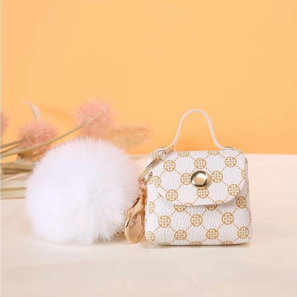 Monogram Bag Charm Pendant Keychain with Pom-Pom. New in Packaging!
